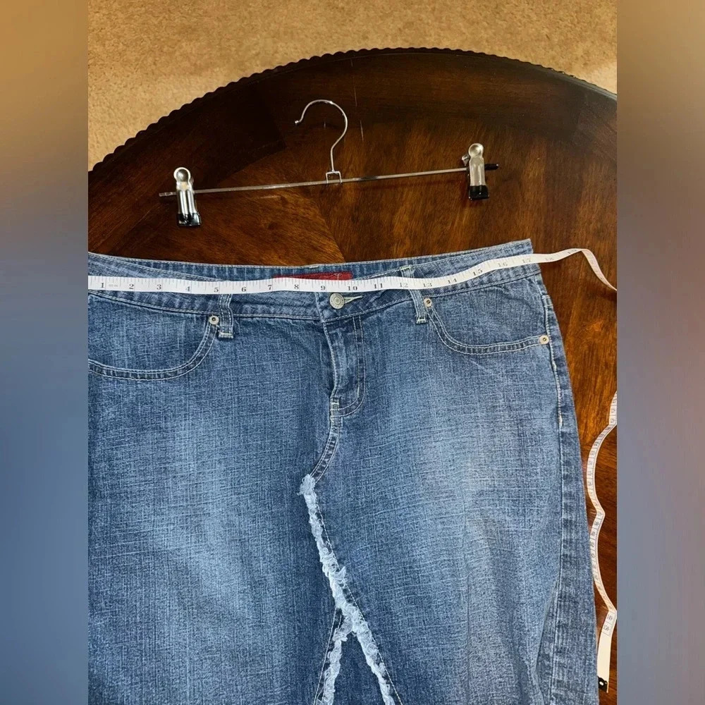YMI Y2K Mid Length Patched-Frayed Denim Faded Skirt- Juniors Size 13 - Picture 7 of 15